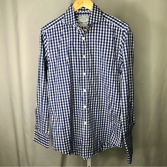 Charles Tyrwhitt non-iron extra slim fit button down shirt blue white gingham L - Picture 1 of 7